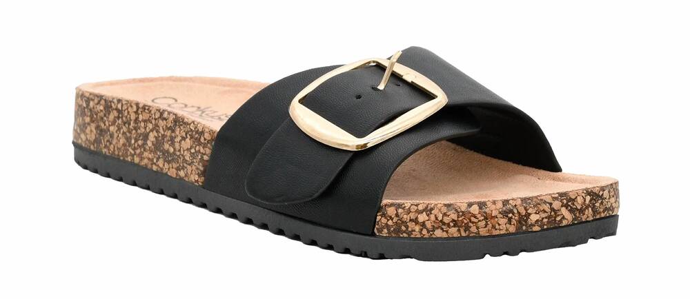 NEW CORKYS FOOTWEAR women's road trip cork footbed slide sandals in black